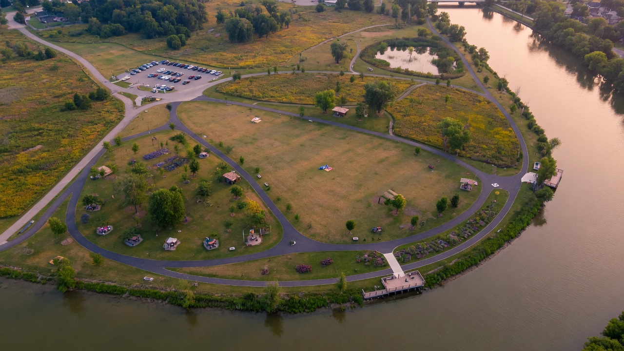 Aerial concept of the district park along the Thames River
