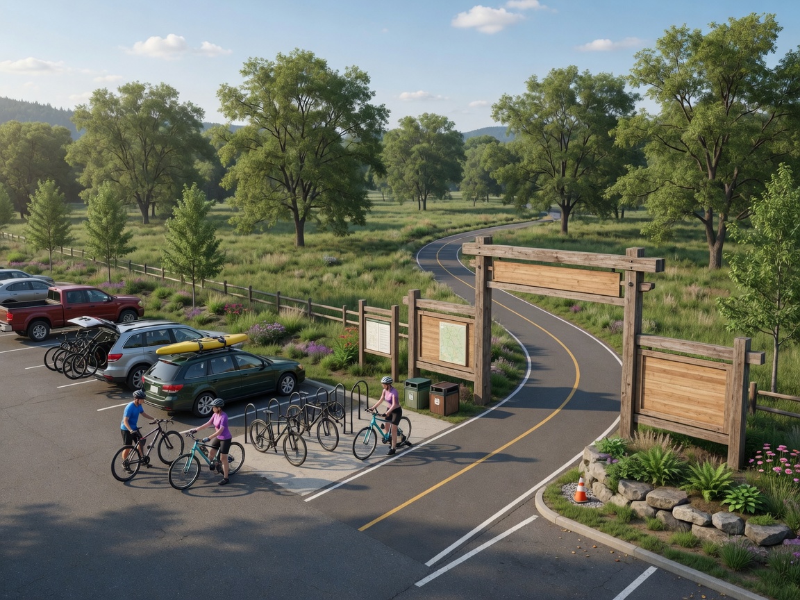 Concept of the trailhead gateway with parking and cyclists