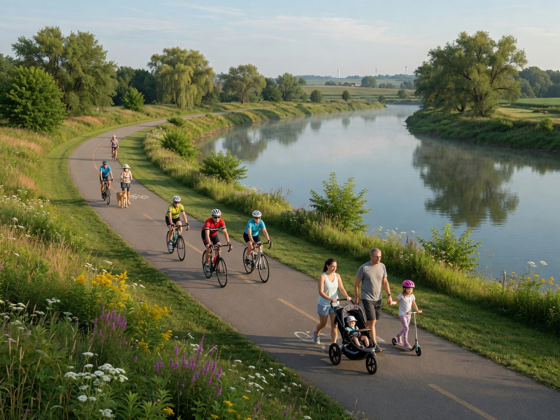 Concept rendering of cyclists on a riverside multi-use path